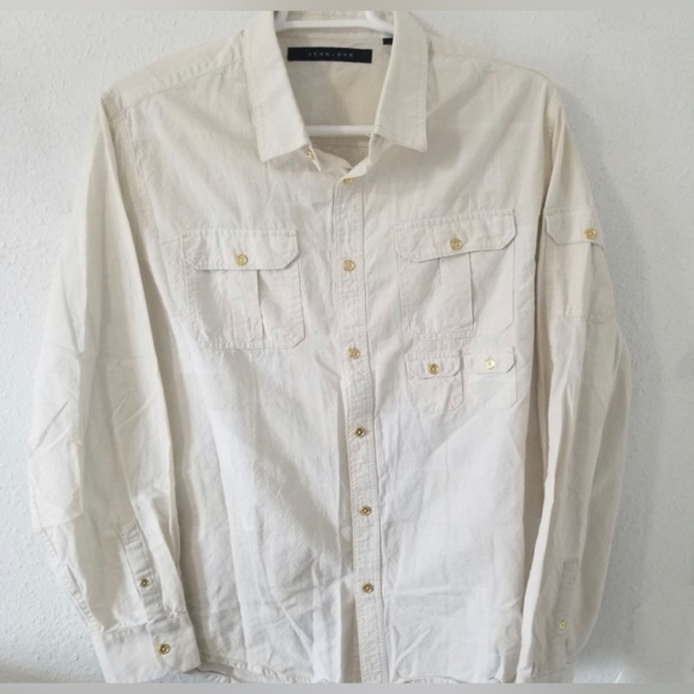 Sean John Men's Flight Shirt 3XL White/Cream Long Sleeve Utility‎ Pocket EUC